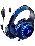 Pacrate Gaming Headset für PS4/PS5/Xbox One/PC/Nintendo Switch, PS4 Kopfhörer mit Kabel Xbox Headset mit Mikrofon, Noise Cancelling PS5 Headset mit LED Lichter - Blau